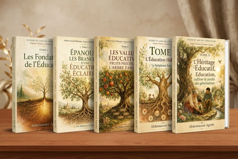 Les 5 livres de la collection posés sur une table